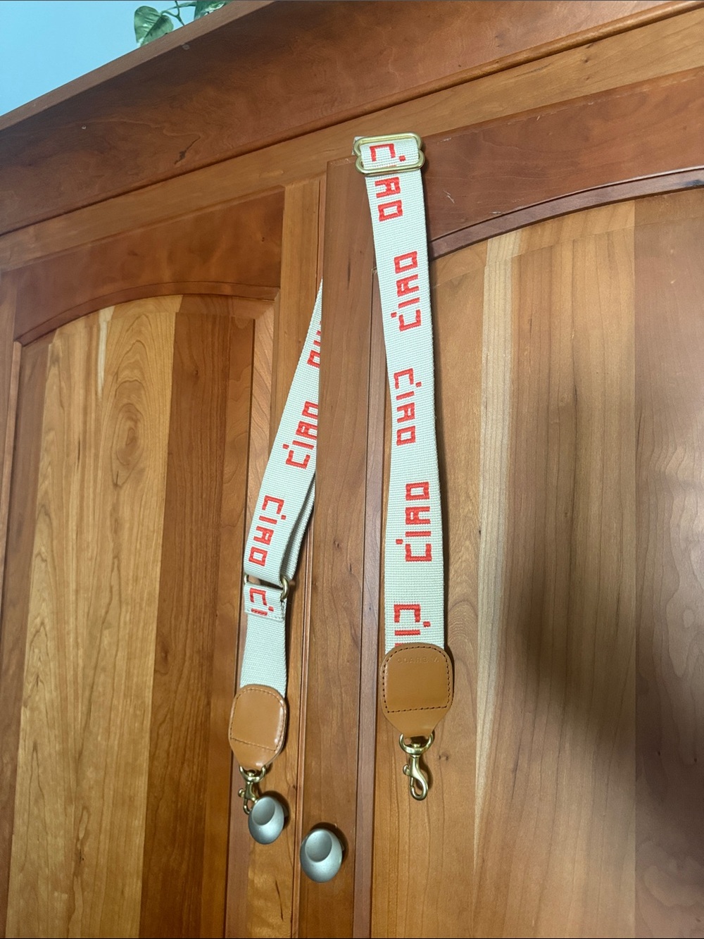 Clare V Beige Canvas Strap with Red/Orange "Ciao" Text